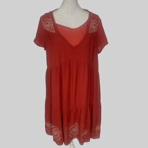 KNOX ROSE Women Babydoll Dress Sz L Rust Embroidered Boho Short Sleeve 71-11